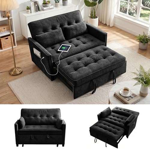 Image of Dreamzie 55'' 3 in 1 Convertible Sofa Bed with USB Charging Ports, Pull Out Couch with Adjustable Backrest and Side Pockets, Sleeper Sofa for Living Room, Apartment, RV, Easy Assembly - Black