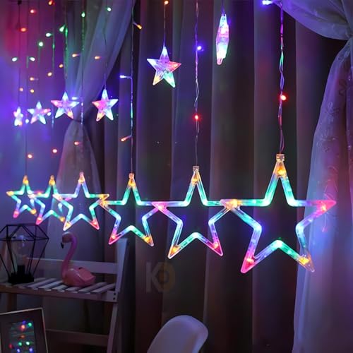 Image of K D 6+6 Star Multi Curtain LED String Lights, 138 LEDs Multi (3.5 ft Length + 0.5 FT Length After Adapter = 4ft) with 8 Modes Indoor Outdoor for Home, Diwali, Christmas