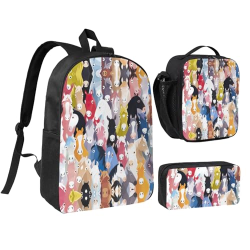 Sac à dos d'école motif chevaux colorés 3 pièces, le cadeau de rentrée