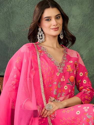 Image of Naixa Women's Lemon Chinon Embroidered Printed Straight Kurta with Green Pant | Chinon Laced Dupatta Set | 3 /4 Sleeve | V-Neck | Haldi (Available in Plus Size)