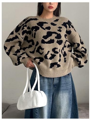 GORGLITTER Women's Leopard Print Sweaters Fall Sweater 2025 Vintage Cheetah Long Sleeve Knit Crewneck Pullover Top2