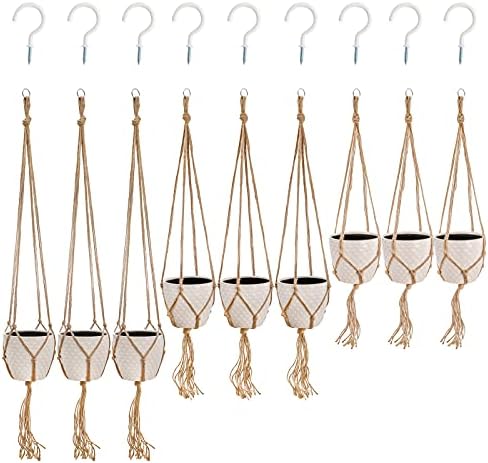 Peohud 9 Pack Macrame Plant Hangers, Jute Hanging Planter with Hooks, Flower Pot Plant Holder for Indoor Outdoor Garden Home Decor, Pot Not Included(90cm *3, 105CM *3, 120cm*3)