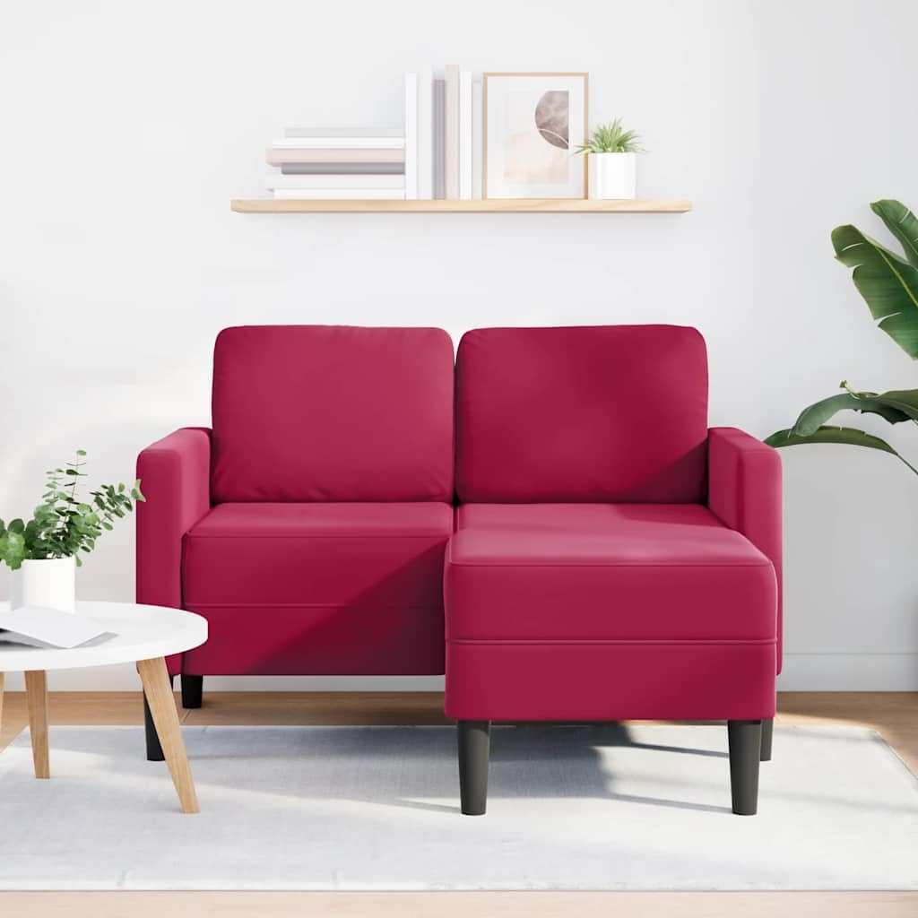 Sofá de 2 plazas con chaise longue en forma de L, color rojo vino, 125 cm, terciopelo y patas de metal, sofá de salón acogedor