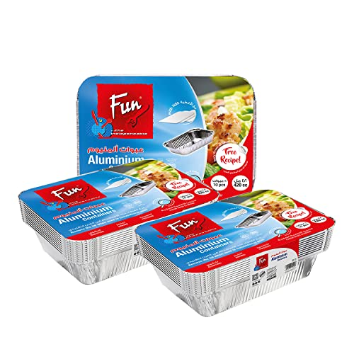FUN BY AL BAYADER فن promopack Aluminium Containers With Lids 420 Cc/ml -Take away Aluminium Rectangle Food Container Lunch Box with Lids Silver - Pack Of 10 X 3