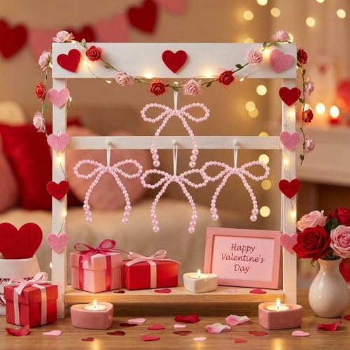 Image of VioraWhite 12 Pcs Pearl Bow Ornaments Bowknot Tree Topper Decor Hanging Ornament Pendant Gift for Wedding Birthday Party Indoor Decoration (Pink)