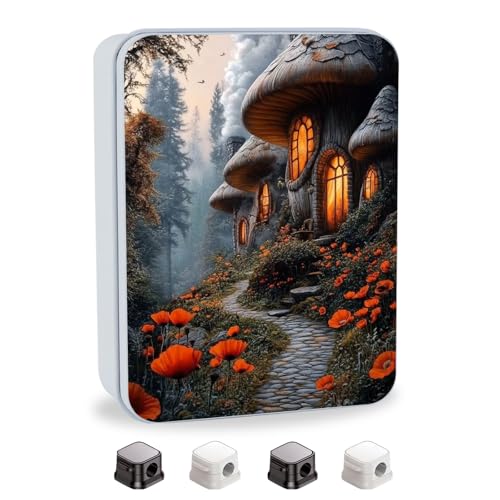 Image of Metal Tin Box with Lid,Multi-functional Storage Large Box Can Store Tea Biscuits Game Cards, Playing & Tarot Cards-Comes with 4 Magnetic Cord Clips,Mushroom Houses in Forest
