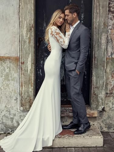 Cadoly Mermaid Wedding Dresses for Bride 2025 Long Sleeve Satin Lace Appliques Simple Boho Beach Bridal Gown4