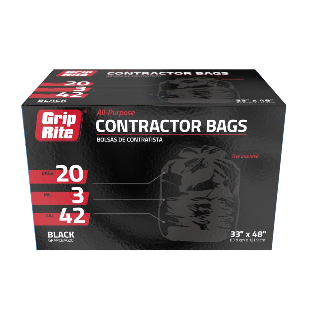 Grip-Rite All Purpose Contractor Bags 42 Gallon 3 Mil - Black, 20 Bags