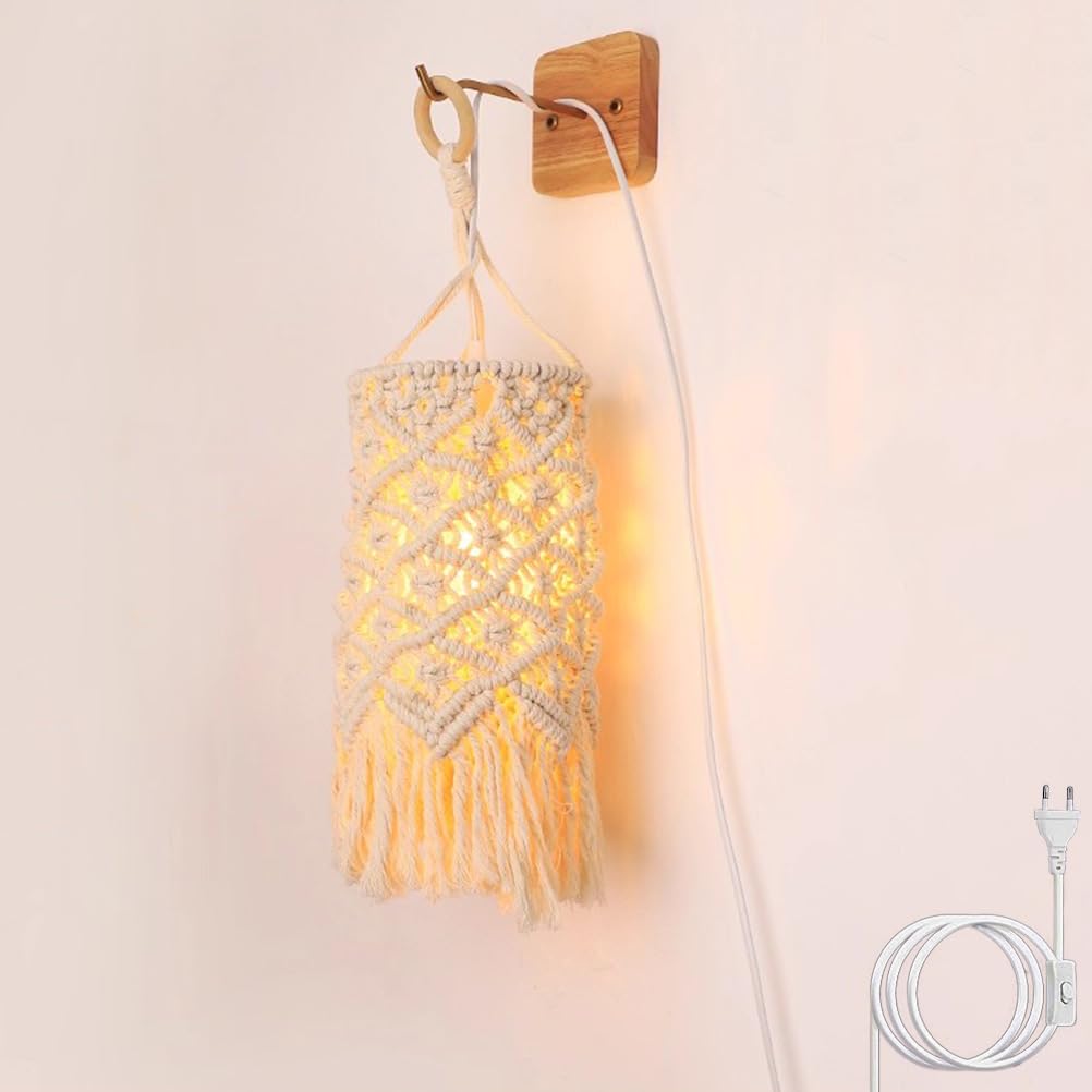 EaEa Vintage Boho Wandleuchte mit Schalter, E27 Innen Wandlampe mit 3m Kabel Stecker, Wand Nachttischlampe mit Seil Lampenschirm Weiß, Holz Rustikal Wandbeleuchtung für Schlafzimmer Wohnzimmer Flur