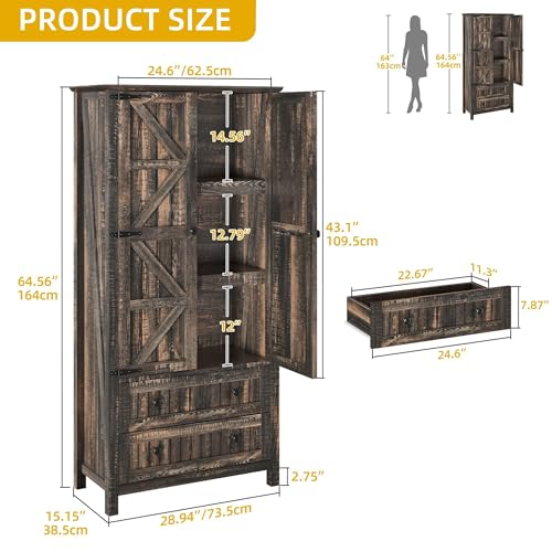 DWVO-Farmhouse-Kitchen-Pantry-Cabinet-645-Tall-Storage-Cabinet-with-2-Drawers-and-Adjustable-Shelves-Versatile-Storage-for-Living-Room-Dining-Room-or-Hallway-Dark-Rustic-Oak DWVO Farmhouse Kitchen Pantry Cabinet 645 Tall Storage Cabinet with 2 Drawers and Adjustable Shelves Versatile Storage for Living Room Dining Room or Hallway Dark Rustic Oak