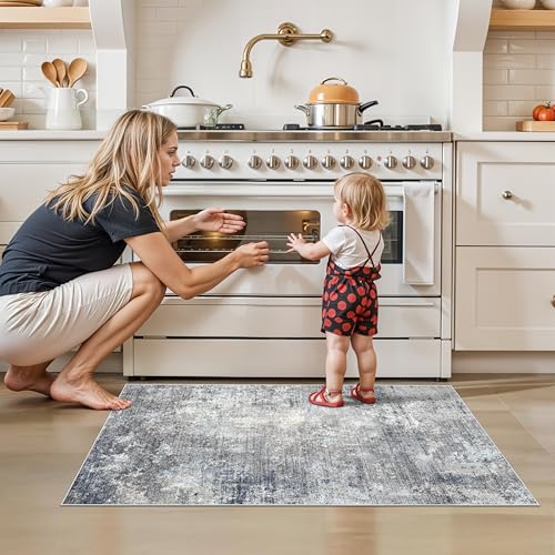 2x4 Runner Rug Washable Non-Slip – Small Throw Rug for Kitchen Floor, Bedroom, Entryway, Bathroom, Bedside – Modern Abstract Neutral Low-Pile Thin Indoor Door Mat（Blue Grey,2x4） - image 3