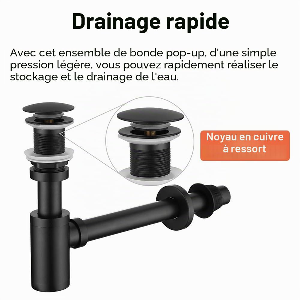 Siphon de bouteille en acier inoxydable pour lavabo de cuisine et salle de bain - Siphon en P - Ensemble complet sans trop-plein - Or brossé