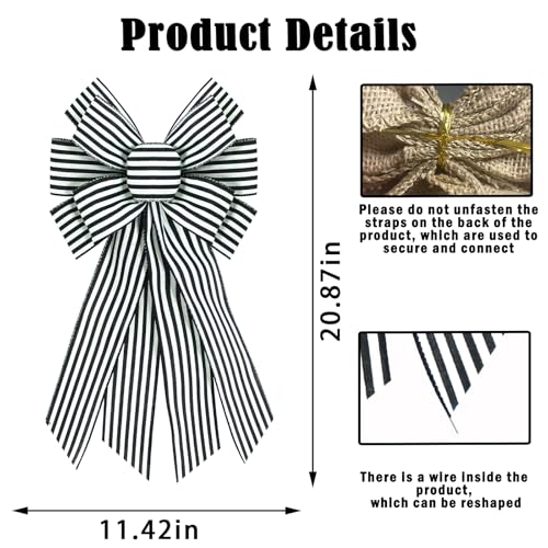 chmacura Black White Burlap Wreath Bow 20 x 11 Inches Birthday Anniversary Stripes Ribbon Bow Easter Farmhouse Bow Tree Ornament for Home Front Door Decorations
