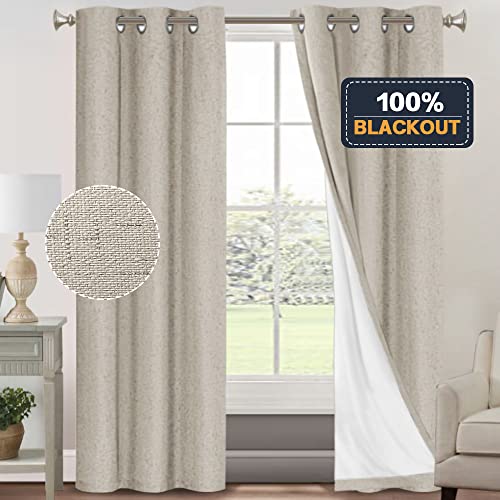 Image of PrinceDeco 100% Blackout Curtains 84 Inches Length 2 Panels Set Blackout Linen Curtains with Thermal Insulated White Liner Anti-Rust Grommet Drapes Privacy Protection,W42 X L84,Cobblestone