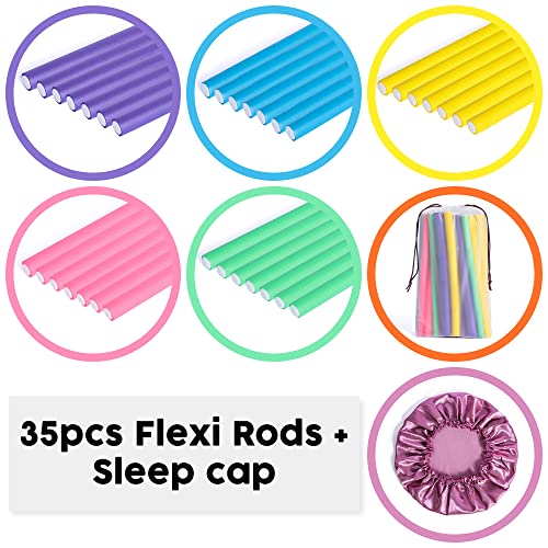 Goodofferplace 35-Pack 9" Flexi Rods Flexible Curling Rods Twist-Flex Bendy Foam Hair Rollers Curlers To Sleep In For Short Long Hair With Hair Bonnet Cap #TOP1