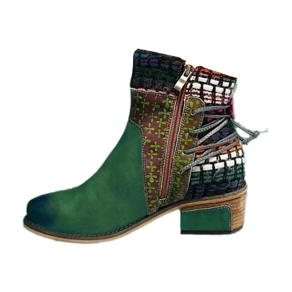 Damen Stiefel Herbst Winter Kurze Stiefel Retro Runde Zehenpartie Low Heel Schnürstiefel Reißverschluss Stiefeletten Winterstiefeletten