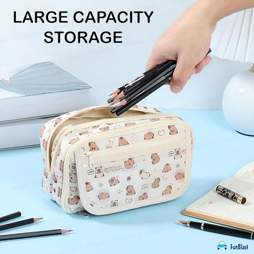 Image of FunBlast Large Capacity Capybara Pencil Pouch for Kids, Multipurpose Pouch | 3 Compartment Pencil Case with Transparent Front Pocket | Zipper Stationery Organizer for School, College & Office