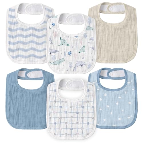 Image of Muslin Bibs for Baby Boy, Adjustable Fit for Drooling and Teething Toddler | 6Pk, 100% Soft Cotton Surface & Multi-Layer Absorbent Core, Shrink-resistant & Fade-Proof, Gentle on Sensitive Newborn skin