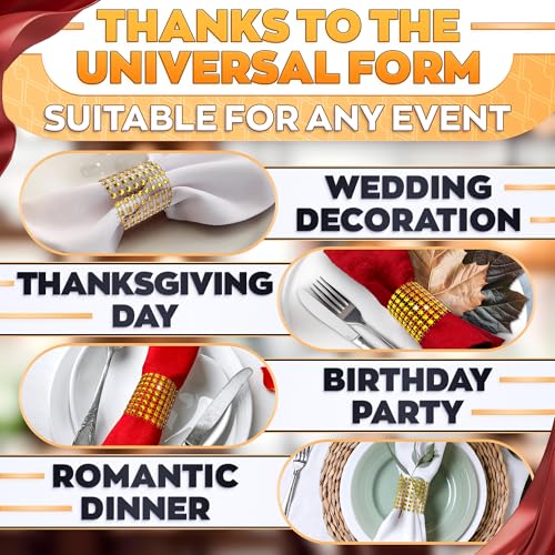 Image of Set of 100 Gold Napkin Rings - Rhinestone Napkin Ring Holders for Weddings, Parties, Fall Events & Table Decorations for Dinner Parties | Durable and Reusable, Great as Elegant Kitchen Gifts for Hosts