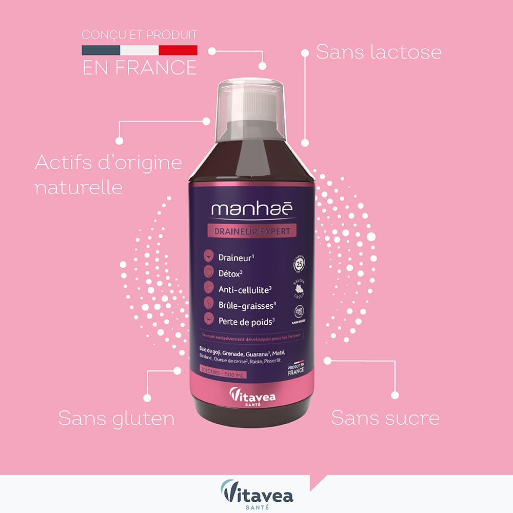 Manhaé - Draineur Expert - Draineur, Détox, Perte de Poids - Guarana, Baie de Goji, Grenade, Bardane, Queue de Cerise - 500ml - 10 jours - Saveur Cassis - Fabriqué en France - Vitavea (Lot de 2)