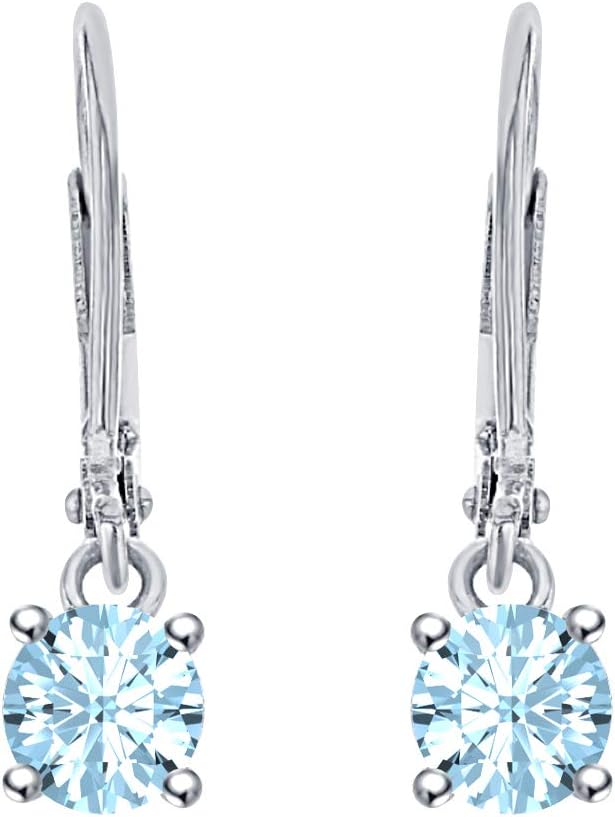 Wonderful 4mm Round Cut Aquamarine 18K White Gold Over .925 Sterling Silver Fancy Party Wear Dangle Clip-On Earrings For Women