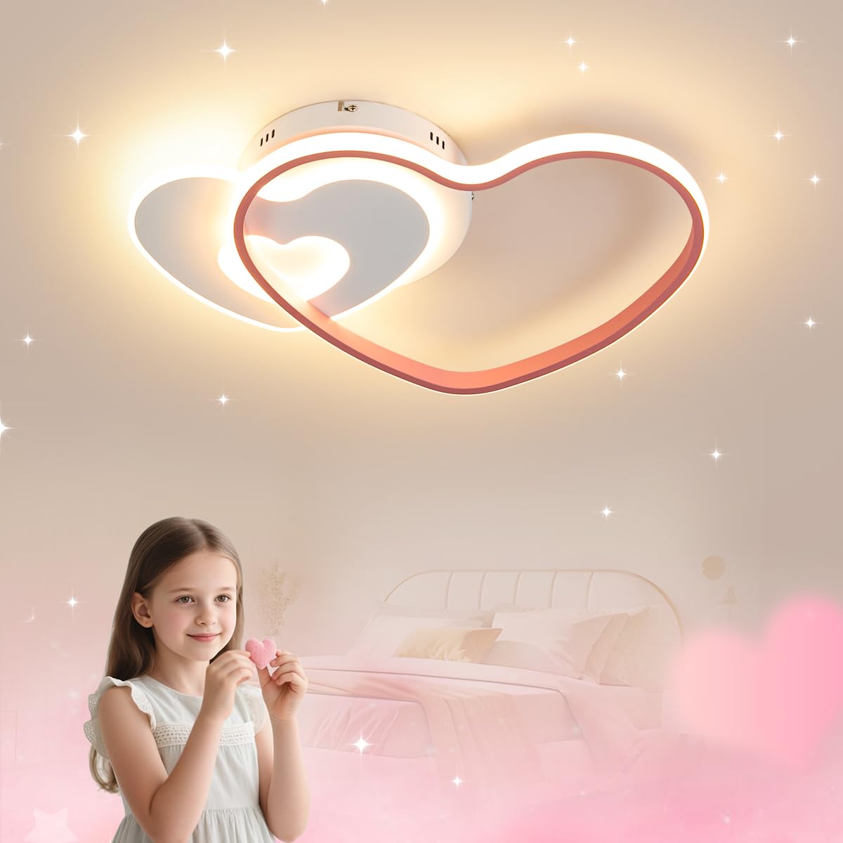 LED Deckenleuchte Moderne Herz Kinderlampe Deckenlampe 36W Dimmbar Mit Fernbedienung Jungen Mädchen Deckenlicht Cartoon Kinder Deckenlicht Schlafzimmer Dekor Lamp Rosa 48CM