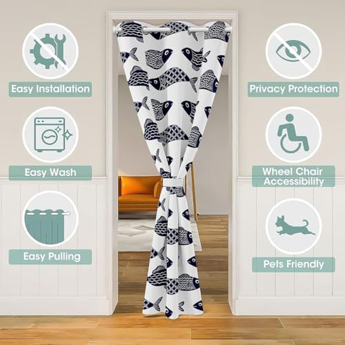 Rideau de porte 150x203cm bleu poissons occultant et isolant