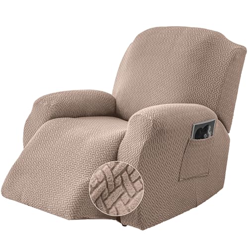 Image of Genina Recliner Chair Covers, Stretch Reclining Chair Cover, Recliner Sofa Slipcovers Stripe Jacquard Lazy Couch Covers Furniture Protector Covers for Pet Kid (Taupe, 1 Seater)