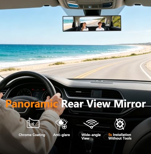 Image of Rear View Mirror, 11.81 Inch Universal Panoramic Clear Rear Mirrors Convex Car Interior Clip on Extra Big Wide Angle Rearview Mirror Extender to Reduce Blind Spot for Car SUV Pickup Trucks