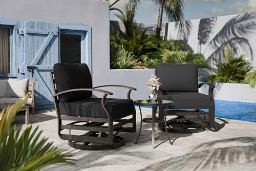 Image of Outdoor Patio Furniture Set, 3 Piece Aluminum Metal Chairs Swivel Rocker, Overstuffed Washable Cushions Bistro Set for Porch, Balcony, Deck, Garden Black