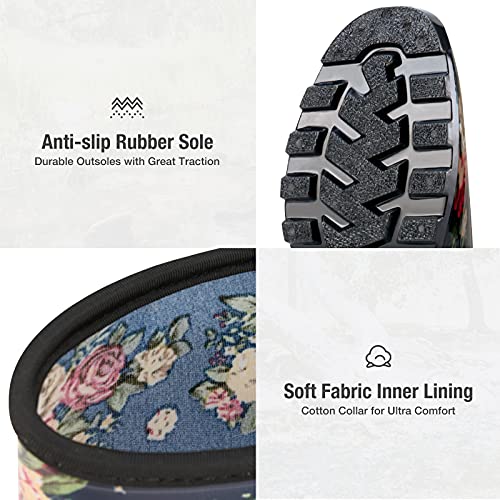 Hisea Women's Rain Boots Waterproof Garden Shoes Colorful Printed Knee High Rain Shoes Tall Wellies Rainboots For Ladies With Comfort Insole, Size 6 Flower Print Navy #TOP3