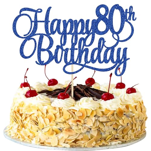 1 Pack Happy 80th Birthday Cake Topper Blue Glitter Number 80 Eighty Years Old Birthday Cake Pick Decoration For 80th Birthday Celebrating Anniversary Party Supplies