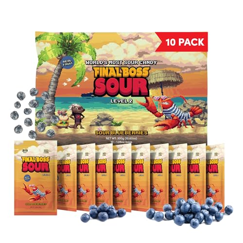 Final Boss Sour Candy, Sour Blueberries, 10 Pack, Level 2, Fruit Chews with Real Dried Fruit, No Artificial Colors or Flavors, Low Calorie Snack for Kids, Teens, Adults, Lunch Boxes