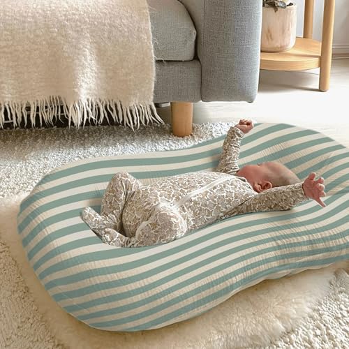 Image of guruixu Muslin Baby Lounger Cover 2 Pack, 100% Cotton Infant Lounger Cover, Soft & Breathable Replacement Slipcover, Compatible with Snuggle Me Newborn Lounger (Roman Green,Green Stripe)