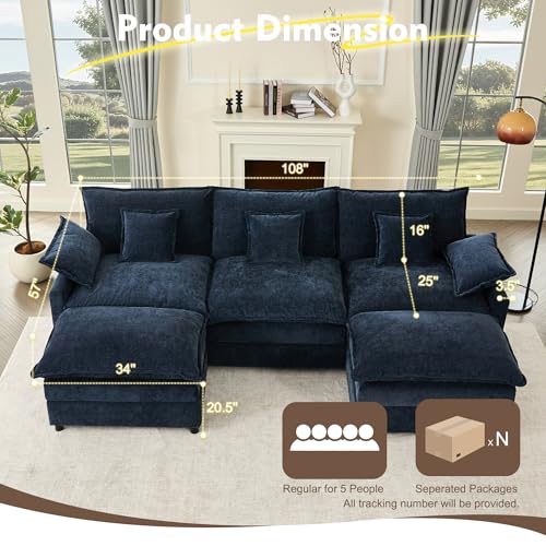 108" U Shaped Couch, Modular Sectional Sofa, 3-Seater Comfy Cloud Couch with Movable Ottoman, Deep Seat Couches for Living Room, Chenille, Navy