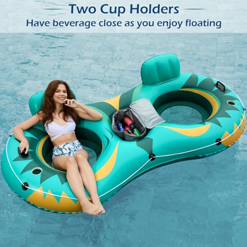 Image of Jasonwell Inflatable River Tube Float - 2 Person Heavy Duty River Float Pool Floats with Removable Cooler Lake Water Tubes for Floating River Raft Lounge Floatie with 2 Cup Holders for Adults (Green)