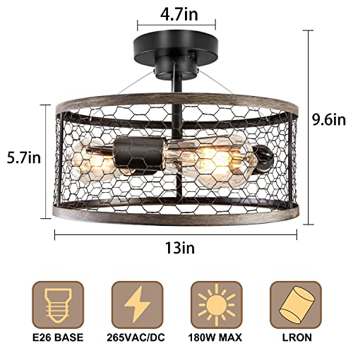 Ohniyou Rustic Ceiling Light Fixture 3-Light,Farmhouse Cage Light Fixtures For Hallway Entryway Kitchen Bedroom Living Room Bathroom (Downrod Mount) #TOP1