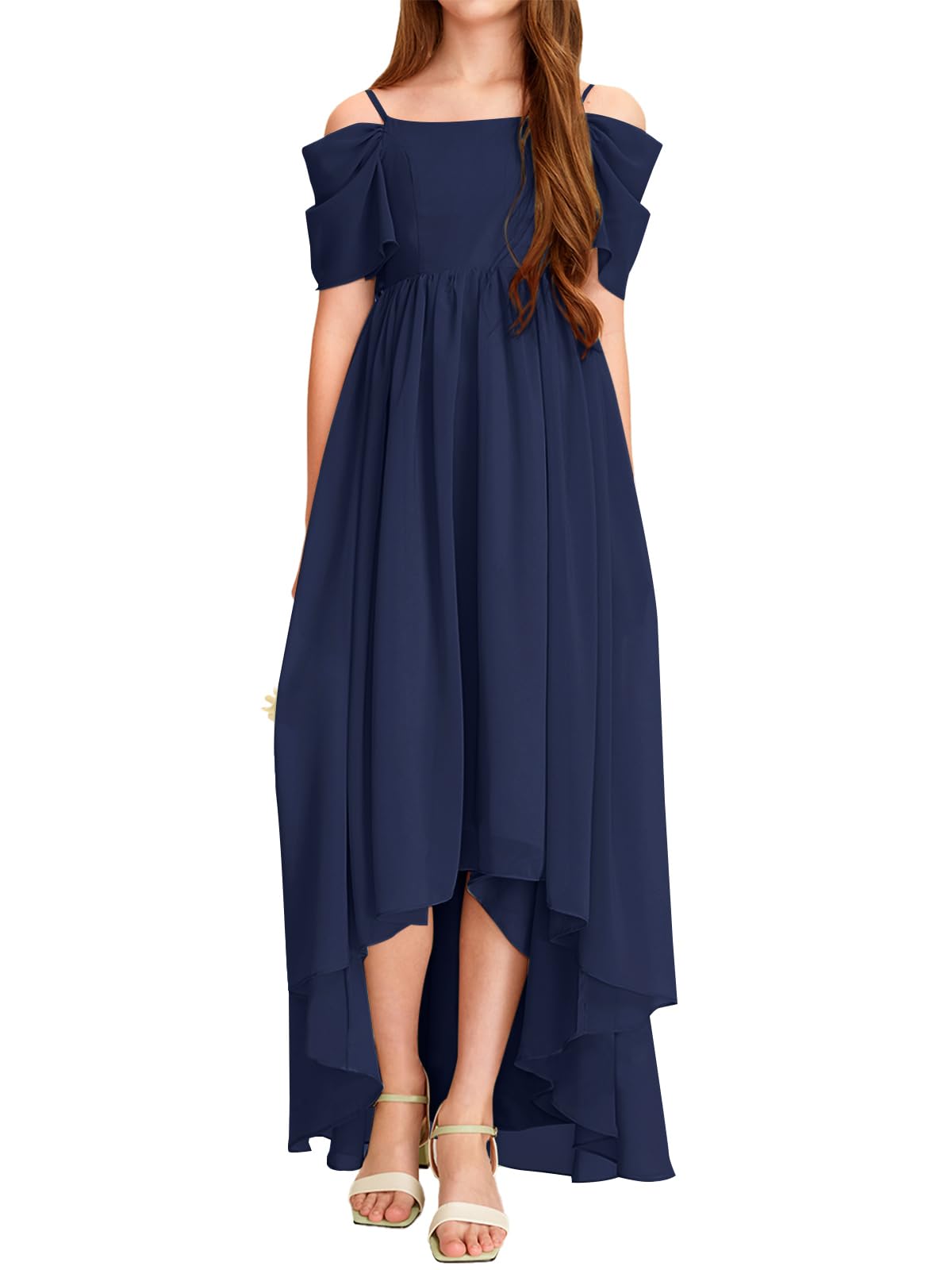 Haloumoning Robe d'été pour fille, épaules dénudées, volants, ligne A, couleur unie, élégante, robe de fête, mariage, anniversaire