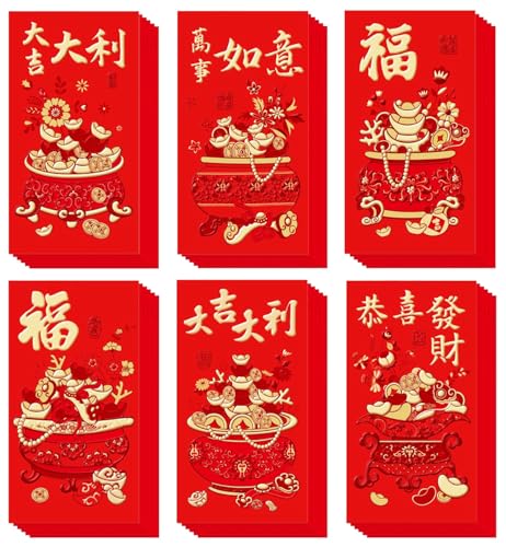 DREONVU Chinese New Year Red Envelopes 6 Designs Large Hong Bao Lucky Money Cash Envelopes 9 x 17 cm for Spring Festival Lunar New Year Weddings Birthdays 36 Pcs