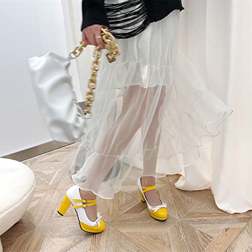 Image of Mary Jane Shoes Women Platform High Heels Lolita Cute Bow Pumps Round Toe Kawaii Shoes Yellow