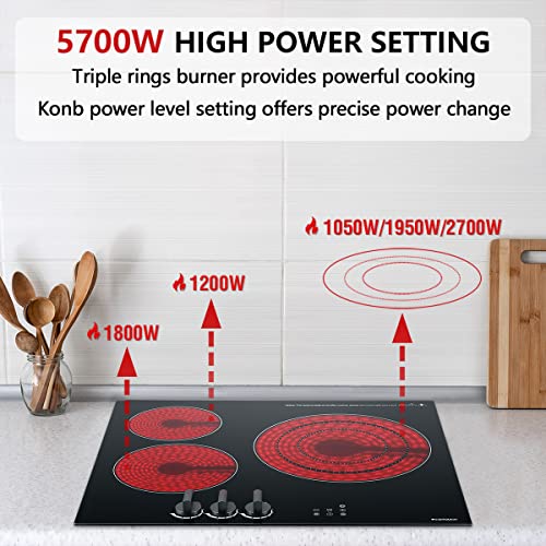 Eelectric Cooktop 24 inch, ECOTOUCH 3 Burner Radiant Electric Cooktop