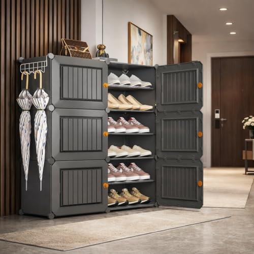 Image of YASONIC Premium Modular Plastic Shoe Rack for Home with Door | 12-Tier Stackable Shoe Organizer | Waterproof & Dustproof | Space Saving Storage for Home, Bedroom & Entryway [Black HA2, 12-Shelf-6-Door