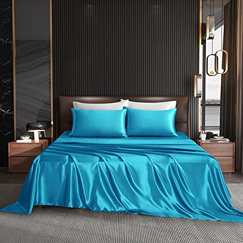 NA HommxJF Satin Sheets Cooling Sheets Twin Size Sheets Set Silky Sheets , 3 Pieces Bedding Sheets & Pillowcases with 1 Flat Sheet + 1 Deep Pocket Fitted Sheet + 1 Pillowcase (Lake Blue, Twin)
