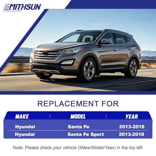 Image of EMITHSUN Replacement for 2013-2018 Hyundai Santa Fe Windshield Wipers | 26 inch+14 inch+13 inch,OEM Quality,Front & Rear Wipers,Stable & Quiet Performance,All-Seasons Rubber Wiper Blades,Streak-Free Wiping