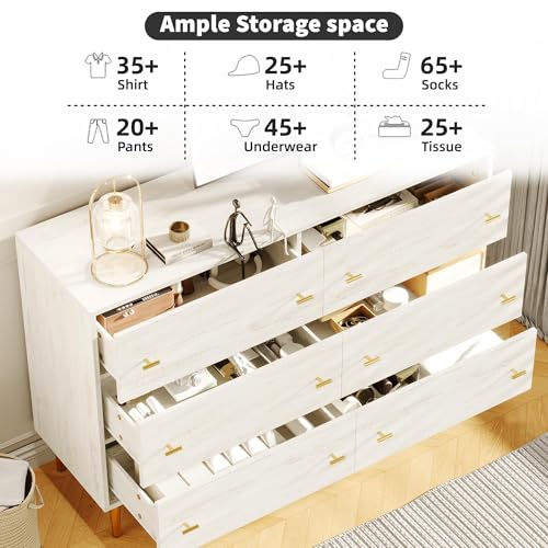 Farmhouse 6 Drawers Dresser for Bedroom, 47.2" Wide White Dresser Wood Rustic Chest of Drawers with Large Drawers & Bar Handles,Natural Texture,Drawer Organizer for Living Room,Hallway and Entryway