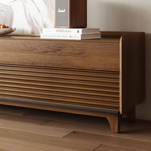 Image of POVISON Fully-Assembled Mid Century Modern TV Stand with Legs, Wood Media Console with Adjustable LED Light, Entertainment Center with Storage for Living Room