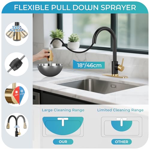 Image of Black & Gold Kitchen Faucet with Pull Down Sprayer and Deck Plate | SUS 304 Stainless Steel, Single Handle, 3 Spray Modes, 360 Swivel Spout, RV Laundry Bar Sink, Deck Plate, NSF372 NSF61 cUPC