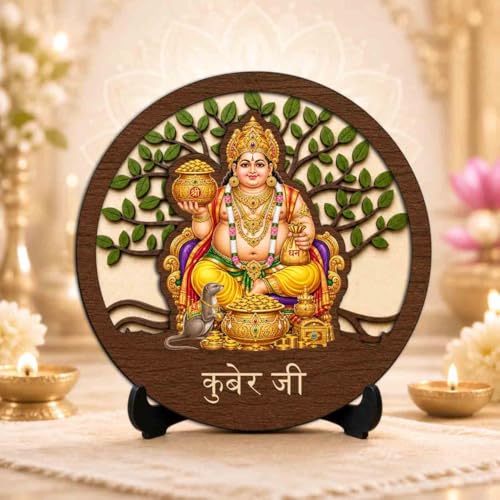 Image of Kuber Ji Round Wooden Devotional Idol with Stand for Puja Room, Home Decor & Religious Gift - 5x5 Inch