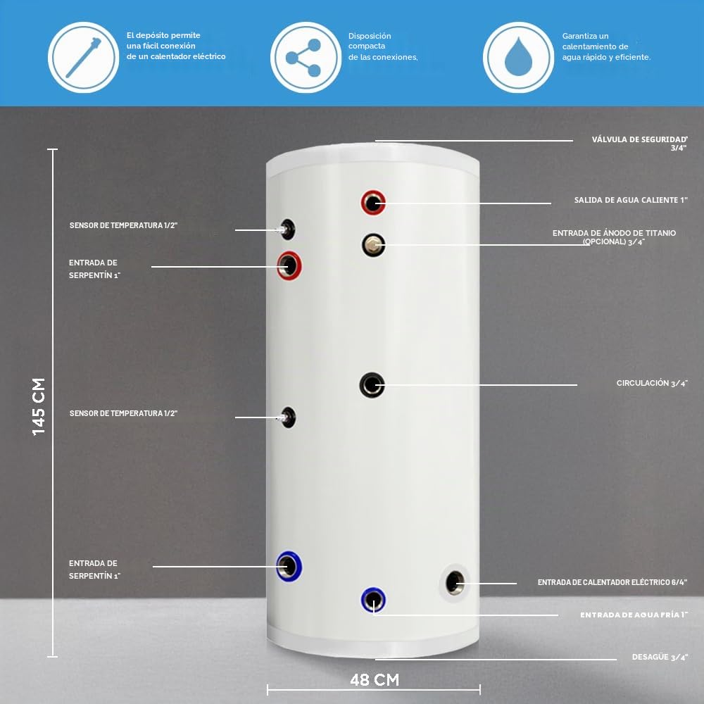TECHGLOBE - Acumulador de agua caliente totalmente fabricado en acero inoxidable - con intercambiador de calor extragrande (2,2 m²) - Eficiencia energética - con aislamiento de 50 mm (150 L)