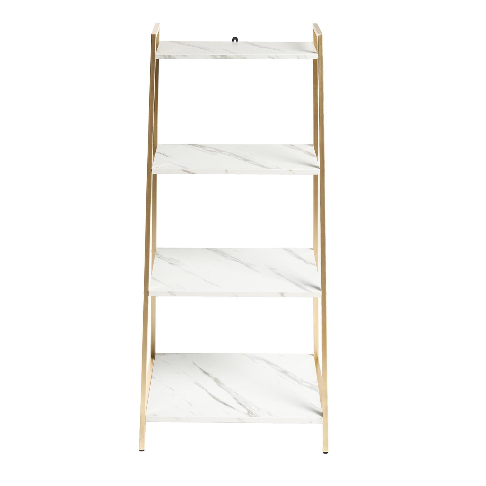 OHS Marble Ladder Shelf, 4 Tier Ladder Shelving Unit Modern Narrow Shelf with Metal Frame Bookshelf for Living Room Bedrooms Bathrooms Kitchen Home Wooden Book Case Unit, White/Gold - 90 x 43 x 30cm